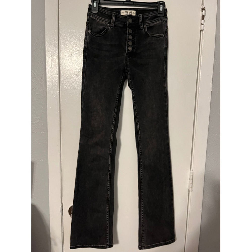 We The Free People High Rise Flare Jeans Washed Black Button Fly Size 24 Long